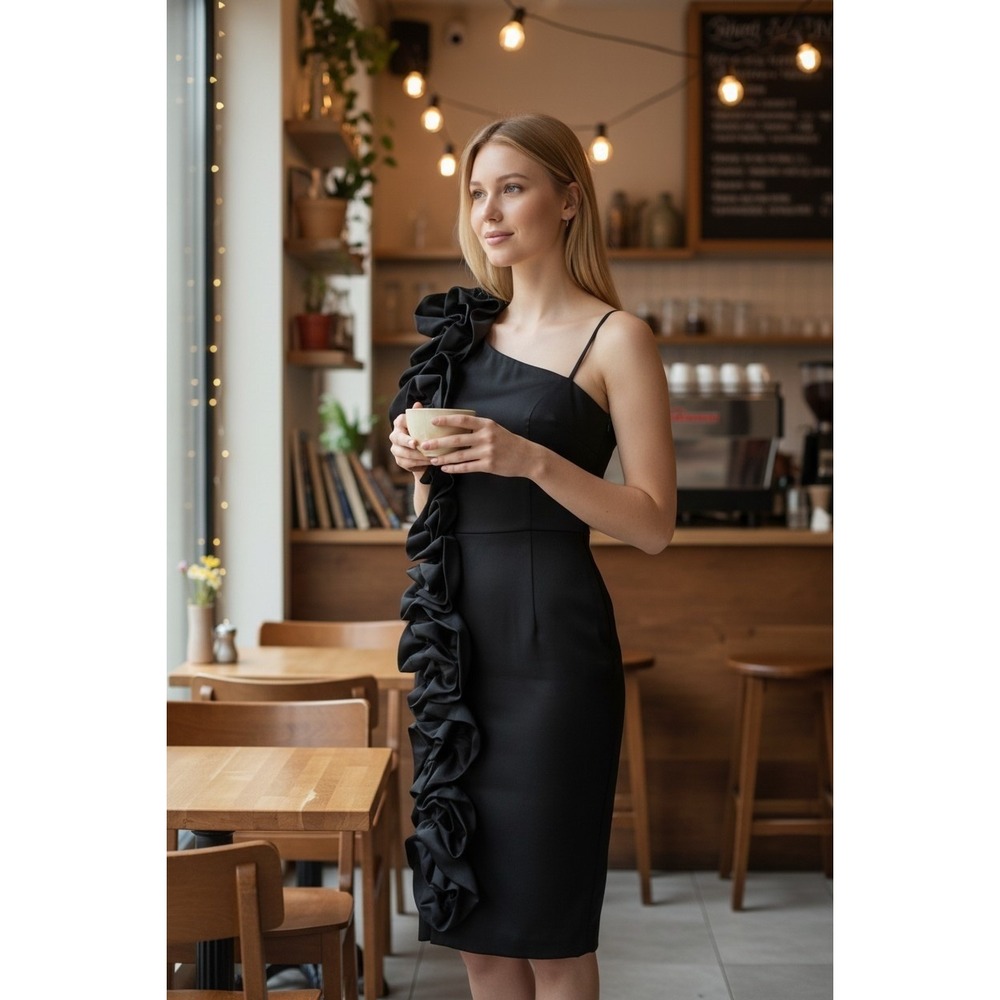 Snap Women Black Dress One Shoulder Rose Ruffle Cocktail Sheath Style Size M